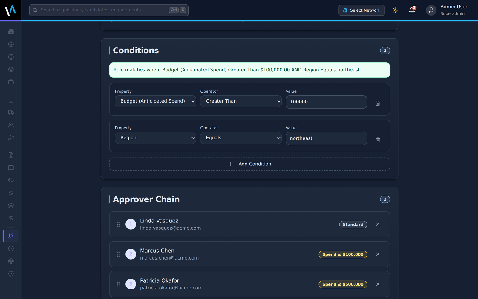 Approval rule builder: conditions on anticipated spend and region, with a plain-English summary of the rule and an ordered approver chain showing each approver's spend authority.